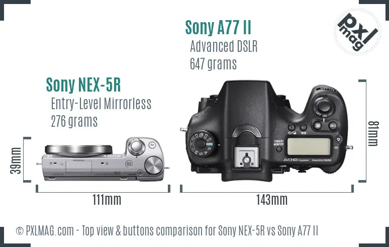 Sony NEX-5R vs Sony A77 II top view buttons comparison