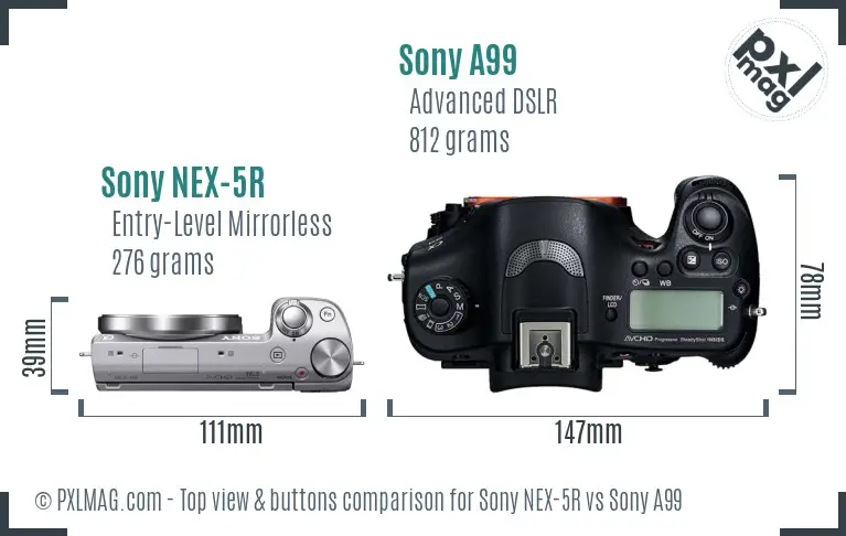Sony NEX-5R vs Sony A99 top view buttons comparison