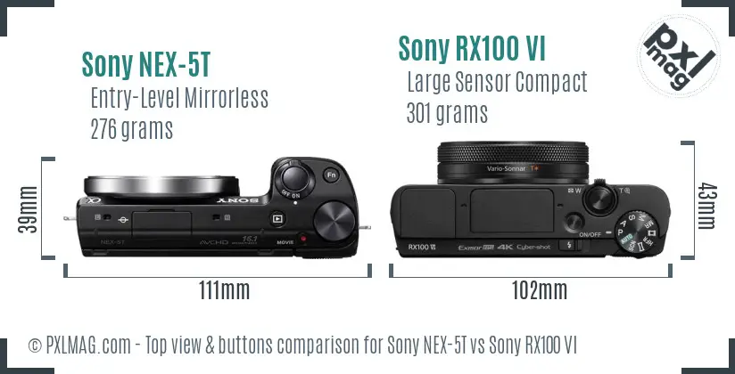 Sony NEX-5T vs Sony RX100 VI top view buttons comparison