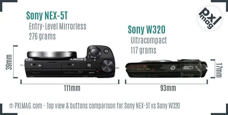 Sony NEX-5T vs Sony W320 top view buttons comparison