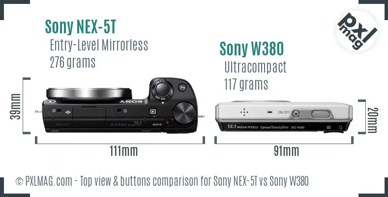 Sony NEX-5T vs Sony W380 top view buttons comparison
