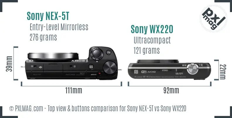 Sony NEX-5T vs Sony WX220 top view buttons comparison