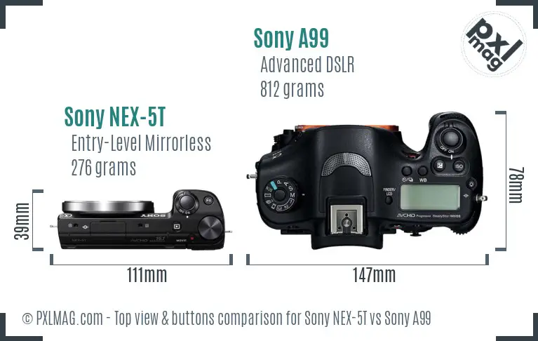Sony NEX-5T vs Sony A99 top view buttons comparison