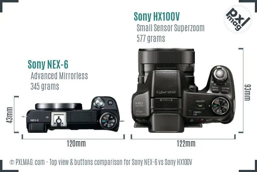 Sony NEX-6 vs Sony HX100V top view buttons comparison