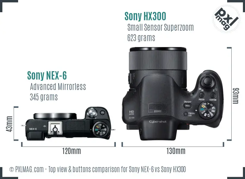 Sony NEX-6 vs Sony HX300 top view buttons comparison