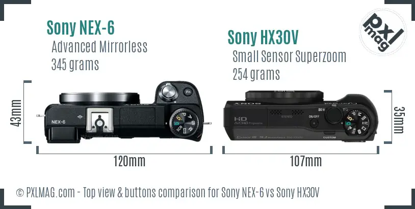 Sony NEX-6 vs Sony HX30V top view buttons comparison