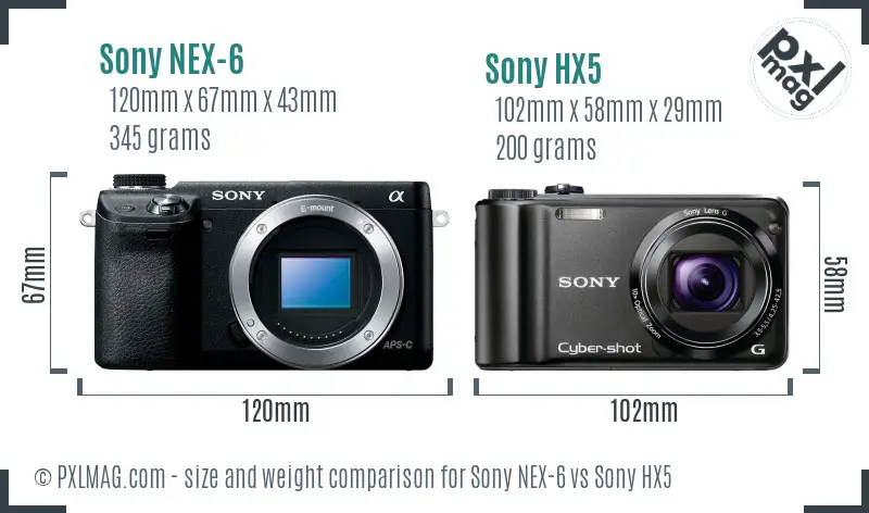 Sony NEX-6 vs Sony HX5 size comparison