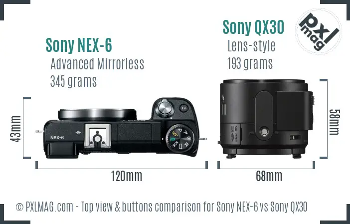 Sony NEX-6 vs Sony QX30 top view buttons comparison