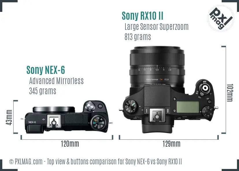 Sony NEX-6 vs Sony RX10 II top view buttons comparison