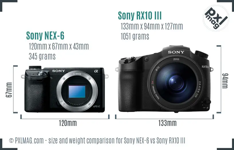 Sony NEX-6 vs Sony RX10 III size comparison
