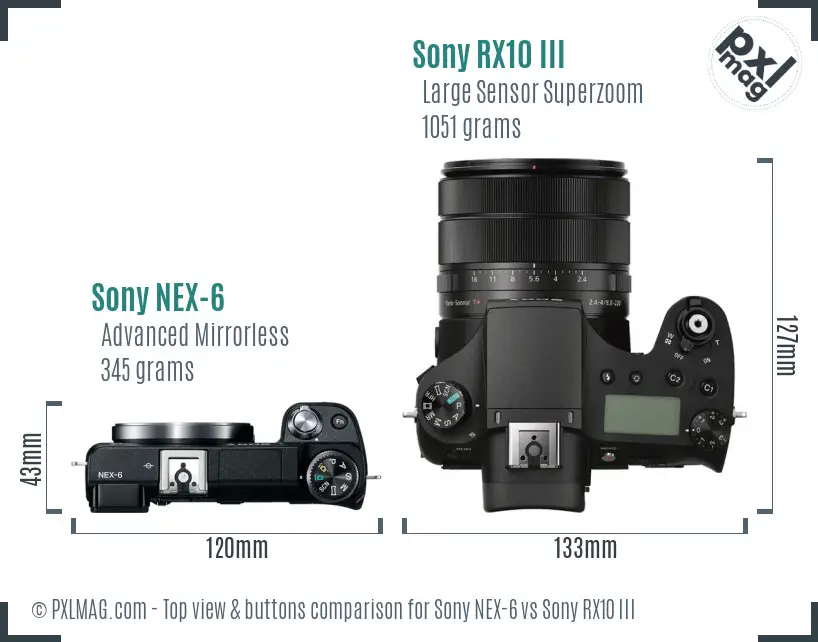Sony NEX-6 vs Sony RX10 III top view buttons comparison