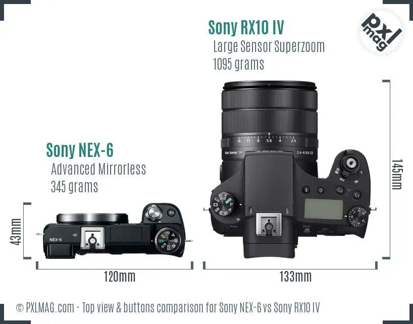 Sony NEX-6 vs Sony RX10 IV top view buttons comparison