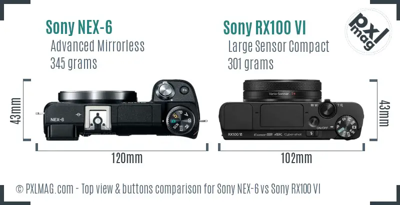 Sony NEX-6 vs Sony RX100 VI top view buttons comparison
