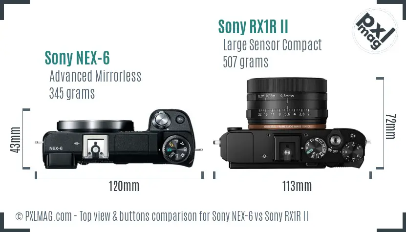 Sony NEX-6 vs Sony RX1R II top view buttons comparison