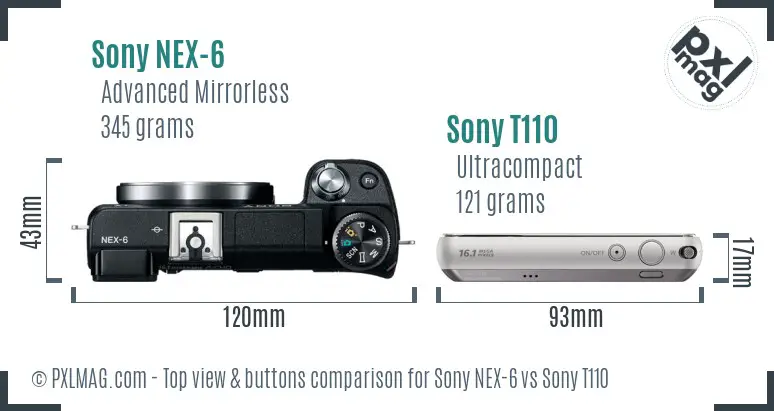 Sony NEX-6 vs Sony T110 top view buttons comparison