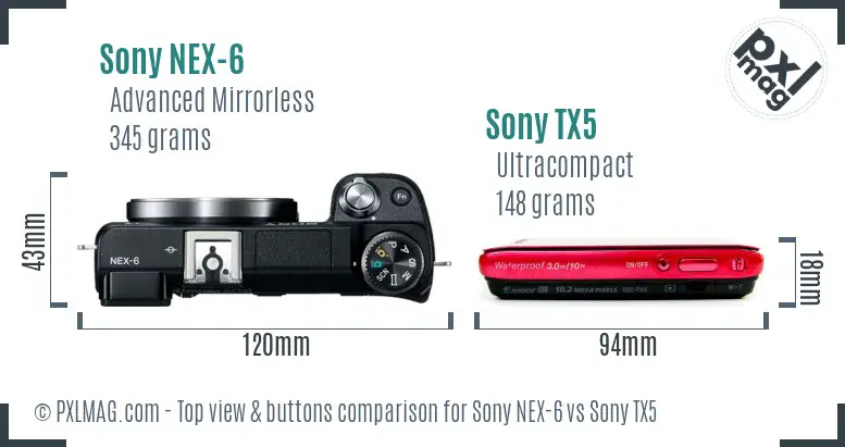 Sony NEX-6 vs Sony TX5 top view buttons comparison