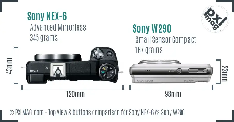 Sony NEX-6 vs Sony W290 top view buttons comparison