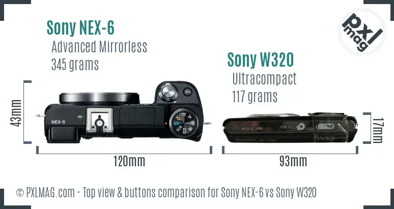 Sony NEX-6 vs Sony W320 top view buttons comparison