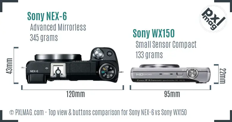 Sony NEX-6 vs Sony WX150 top view buttons comparison