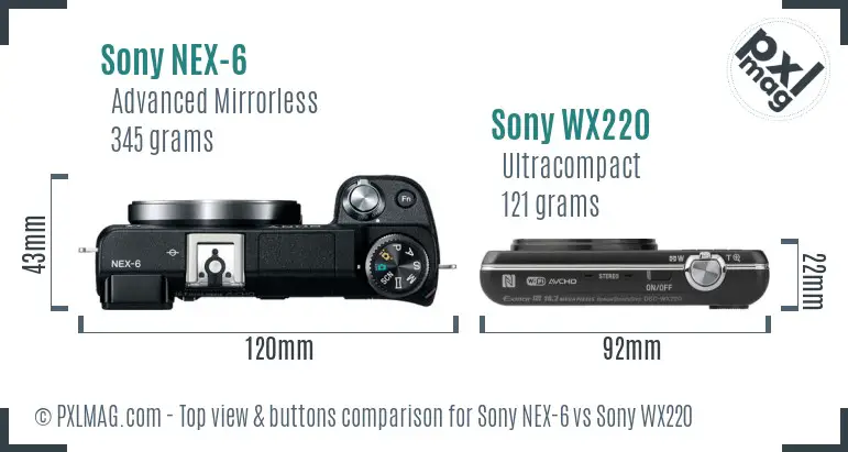 Sony NEX-6 vs Sony WX220 top view buttons comparison