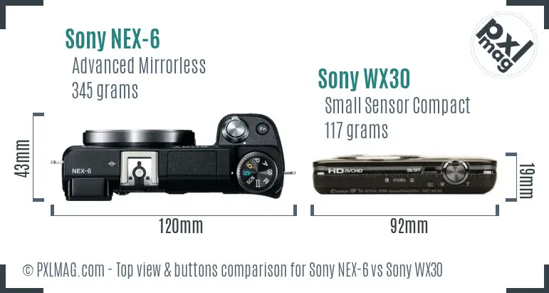 Sony NEX-6 vs Sony WX30 top view buttons comparison