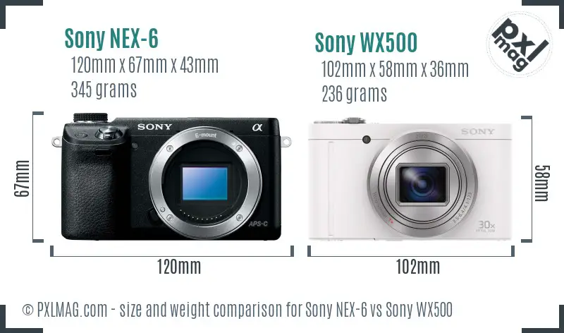 Sony NEX-6 vs Sony WX500 size comparison