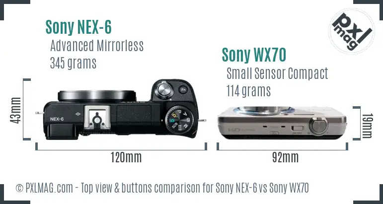 Sony NEX-6 vs Sony WX70 top view buttons comparison