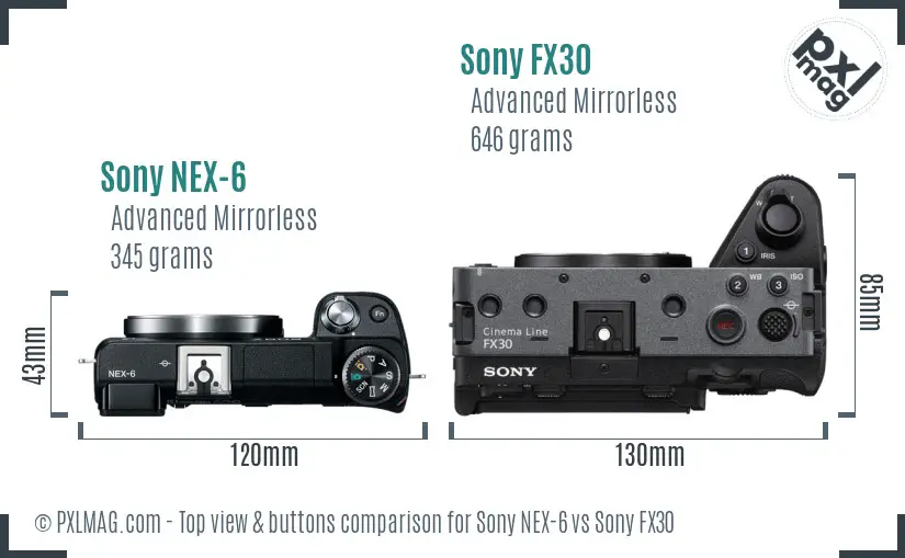 Sony NEX-6 vs Sony FX30 top view buttons comparison