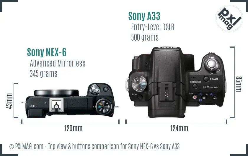 Sony NEX-6 vs Sony A33 top view buttons comparison