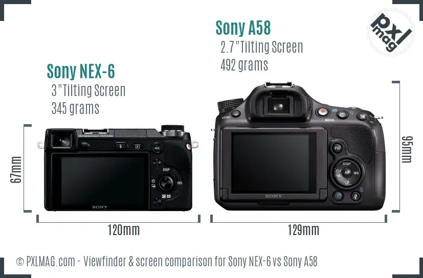 Sony NEX-6 vs Sony A58 Screen and Viewfinder comparison