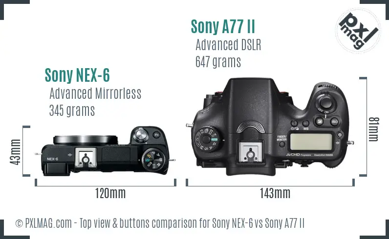 Sony NEX-6 vs Sony A77 II top view buttons comparison