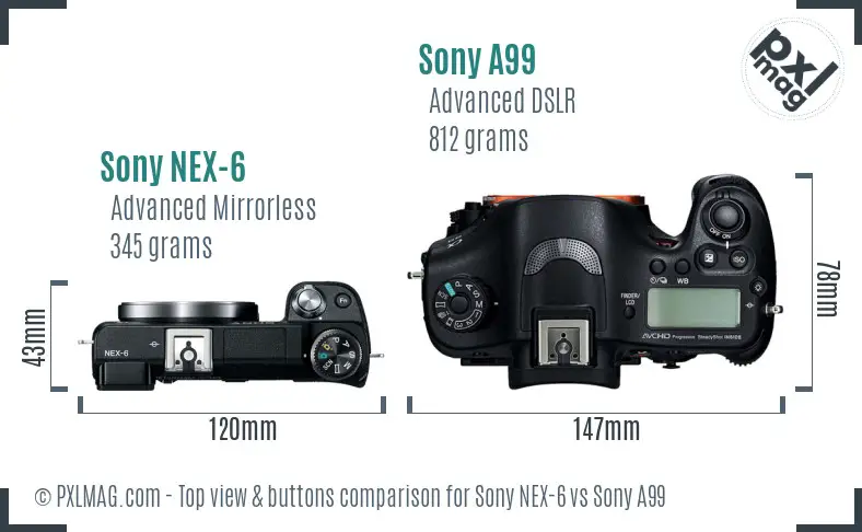 Sony NEX-6 vs Sony A99 top view buttons comparison