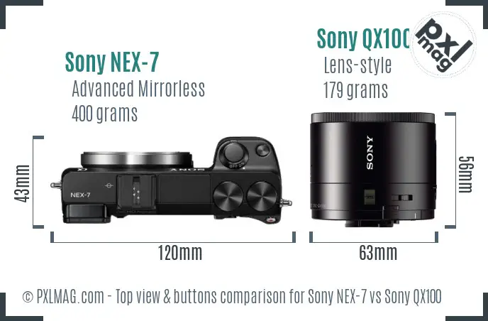 Sony NEX-7 vs Sony QX100 top view buttons comparison