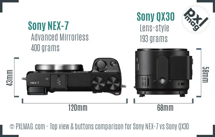 Sony NEX-7 vs Sony QX30 top view buttons comparison