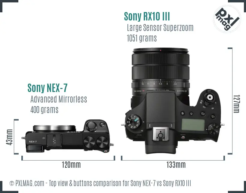 Sony NEX-7 vs Sony RX10 III top view buttons comparison