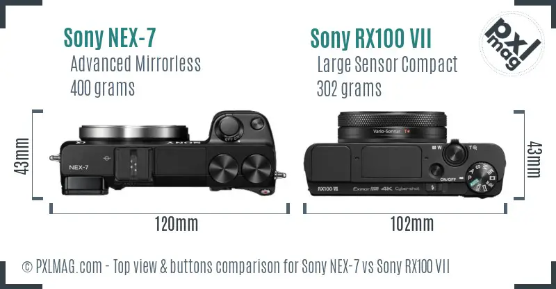 Sony NEX-7 vs Sony RX100 VII top view buttons comparison