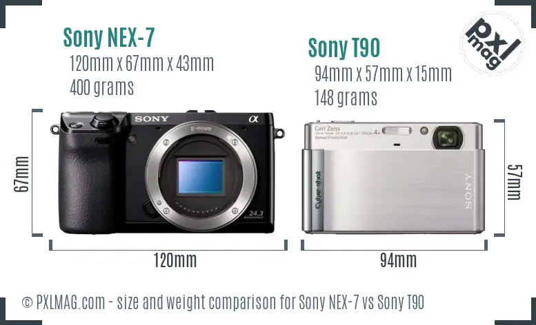 Sony NEX-7 vs Sony T90 size comparison