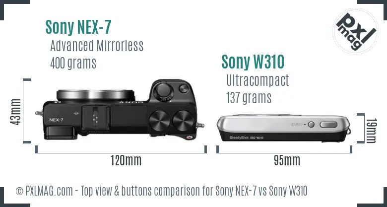 Sony NEX-7 vs Sony W310 top view buttons comparison