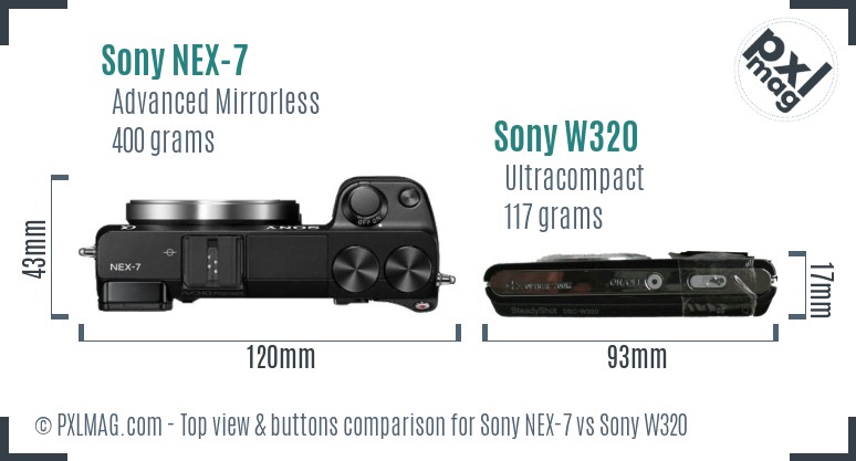 Sony NEX-7 vs Sony W320 top view buttons comparison