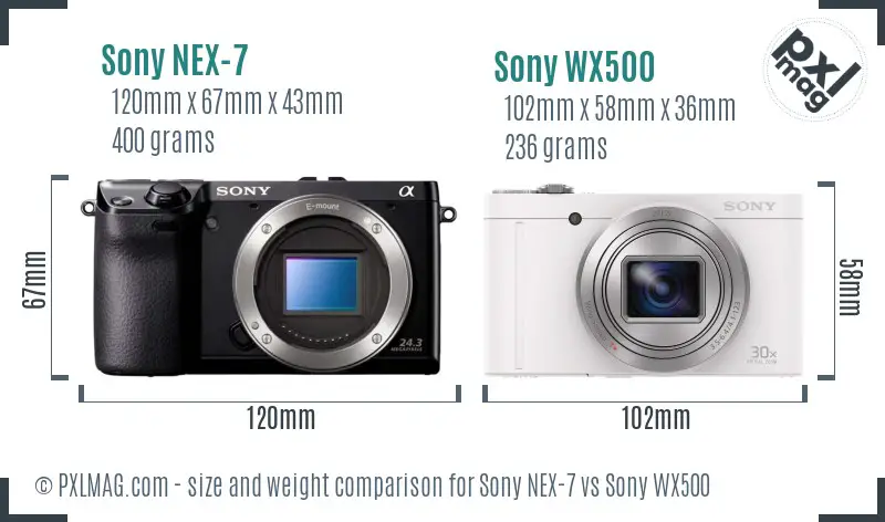 Sony NEX-7 vs Sony WX500 size comparison