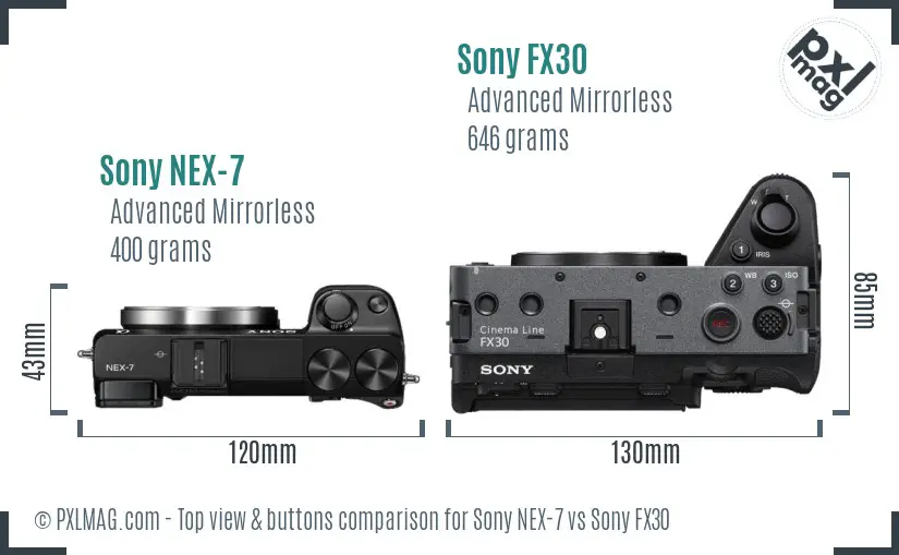 Sony NEX-7 vs Sony FX30 top view buttons comparison