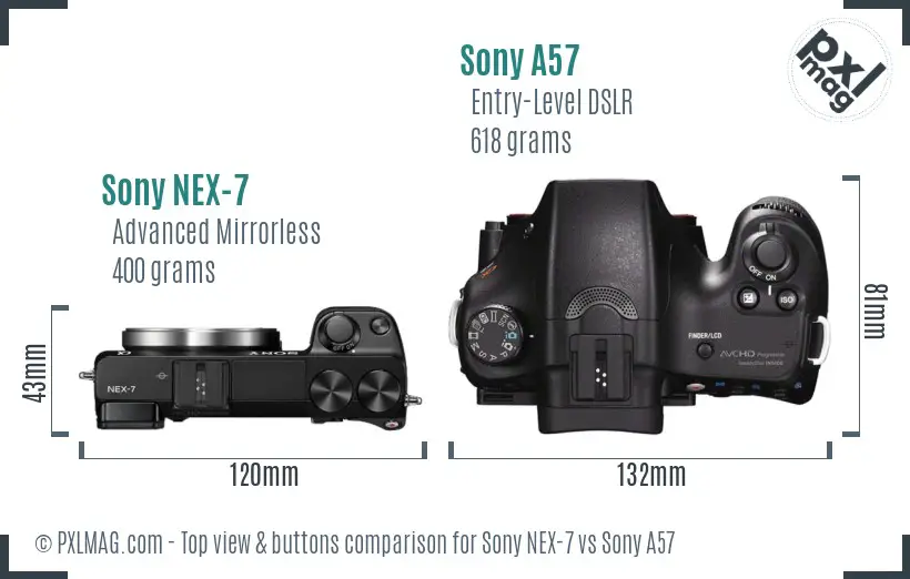 Sony NEX-7 vs Sony A57 top view buttons comparison