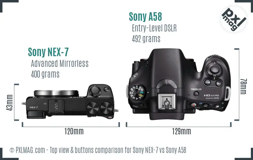 Sony NEX-7 vs Sony A58 top view buttons comparison