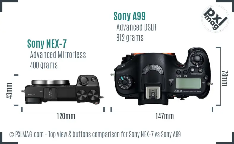 Sony NEX-7 vs Sony A99 top view buttons comparison