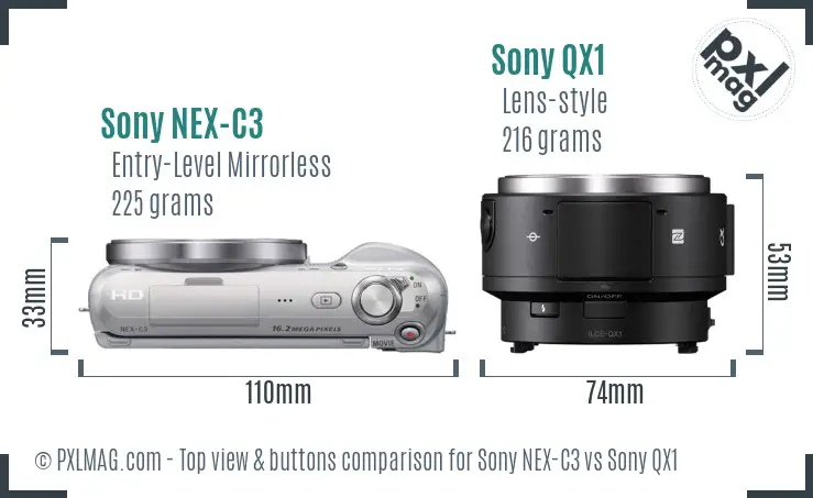 Sony NEX-C3 vs Sony QX1 top view buttons comparison