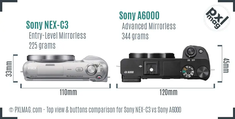 Sony NEX-C3 vs Sony A6000 top view buttons comparison