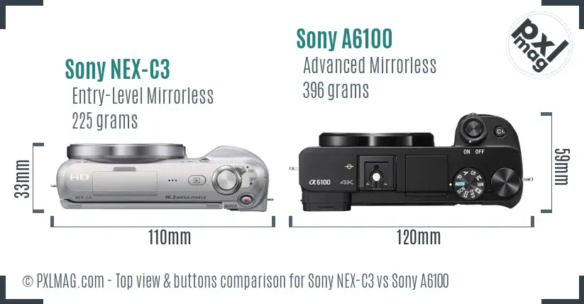 Sony NEX-C3 vs Sony A6100 top view buttons comparison