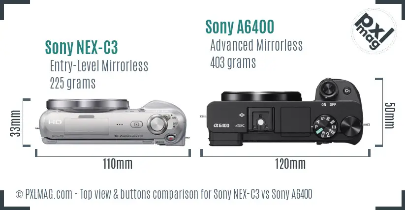Sony NEX-C3 vs Sony A6400 top view buttons comparison