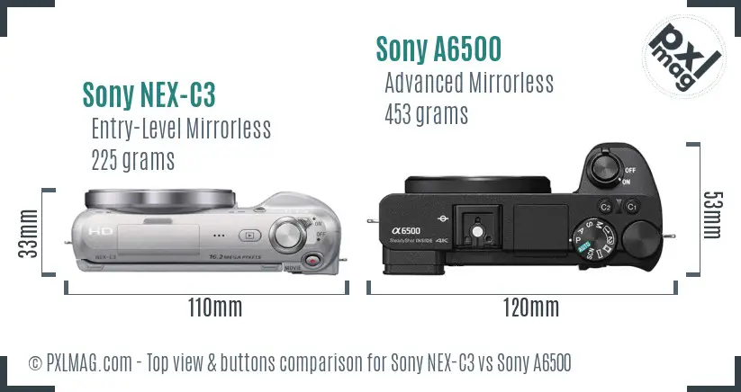 Sony NEX-C3 vs Sony A6500 top view buttons comparison