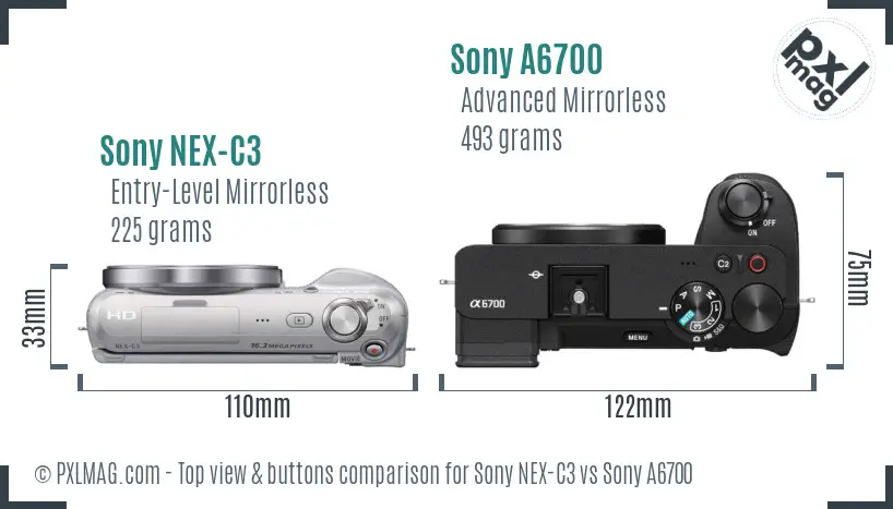 Sony NEX-C3 vs Sony A6700 top view buttons comparison Sony NEX-C3 vs Sony A6700 top view buttons comparison